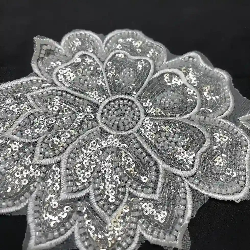 Beaded cut work Lotus Lace Trim on net | 1 meter