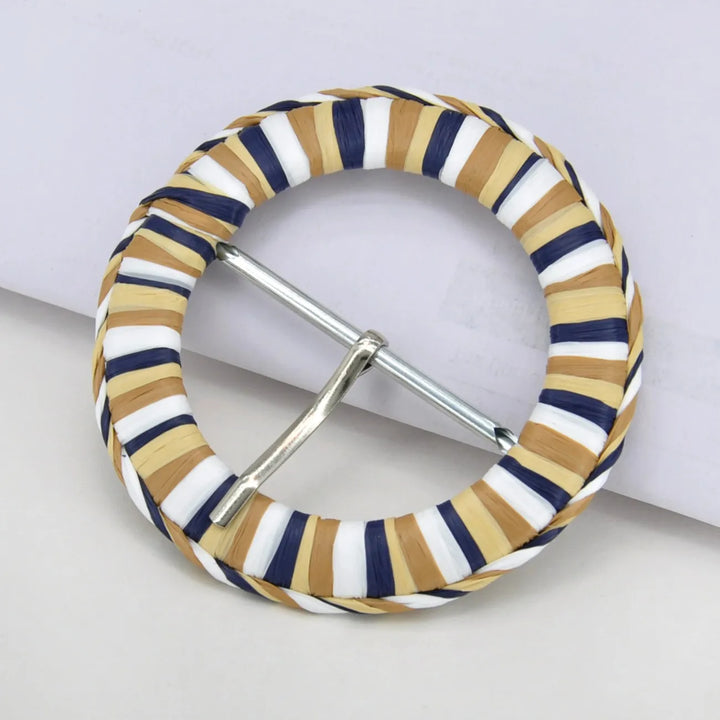 Handwoven Straw Round Buckle with Metal Pin