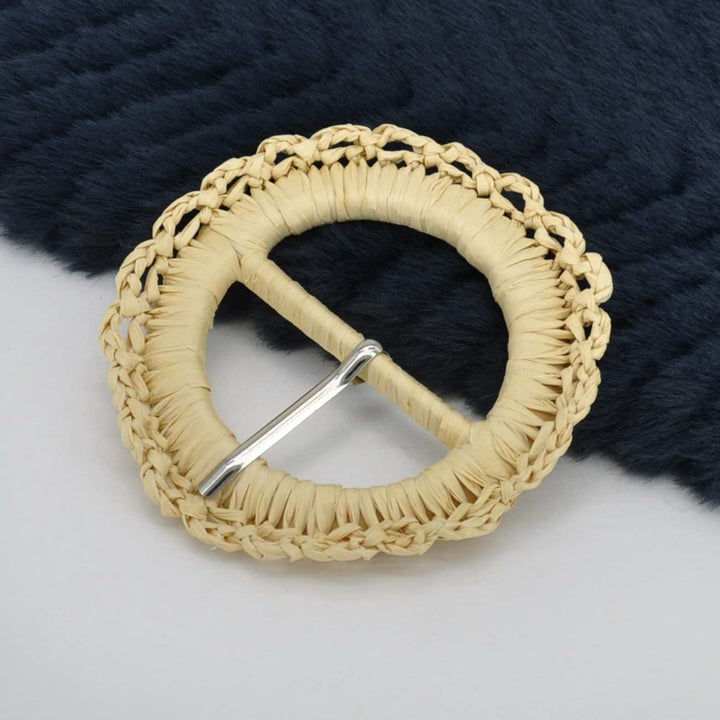 Handwoven Natural Straw Round Raffia Buckle