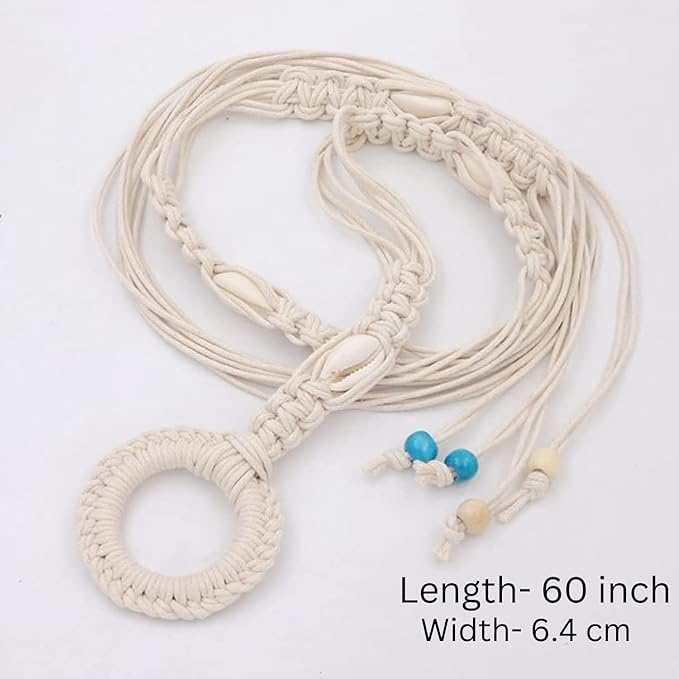 1 pcs Macrame Girls Casual Braided Ring Boho Style Rope Beads Shell Decoration & Ring Waist Cord Belt, Suitable For Travel Party