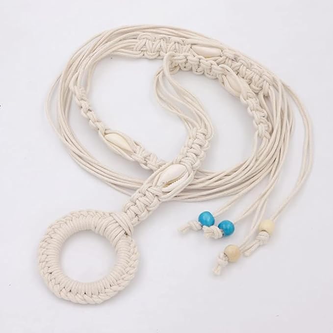 1 pcs Macrame Girls Casual Braided Ring Boho Style Rope Beads Shell Decoration & Ring Waist Cord Belt, Suitable For Travel Party