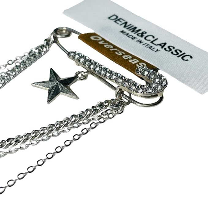 Rhinestone Metal Safety Pin with Metal Star Charm Street Wear Sew On Applique Patch
