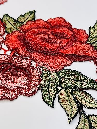 Two Piece Red Rose Flower Embroidered Sew On & Heat Transfer Applique Patch