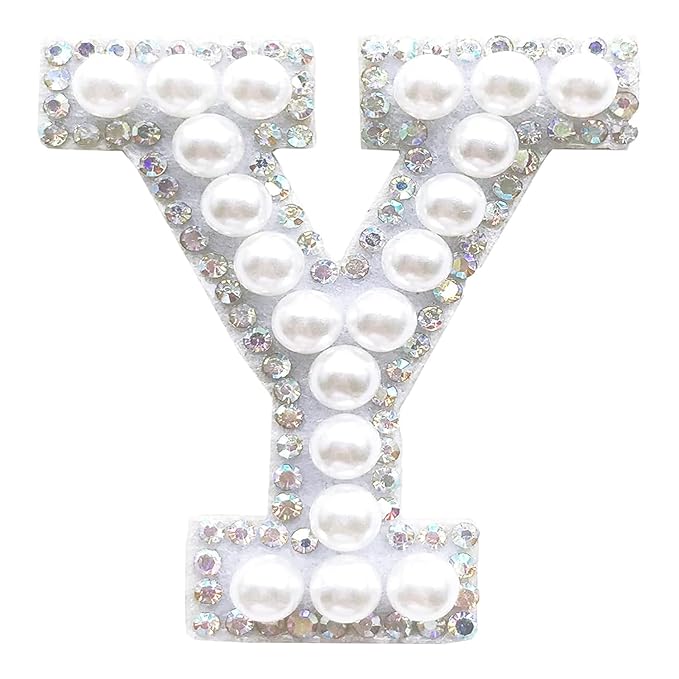 Letter Y White Pearl Rhinestone Hot fix Or Sew Patch