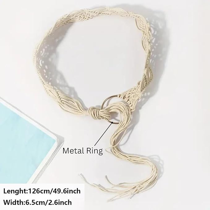 1 pcs Macrame Girls Casual Braided Ring Boho Rope Decoration Waist Cord Belt, Suitable For Travel Party (white)