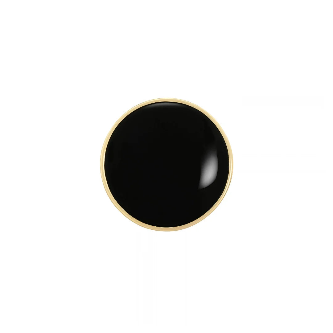 Black resin gold rim metal button in [15]mm, front view on white background