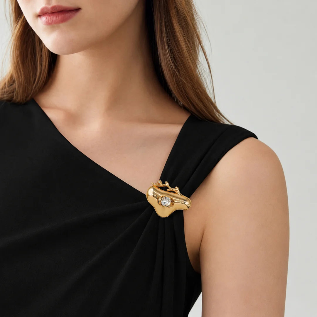 Floral Branch Crystal Studded Gold Fixed Buckle