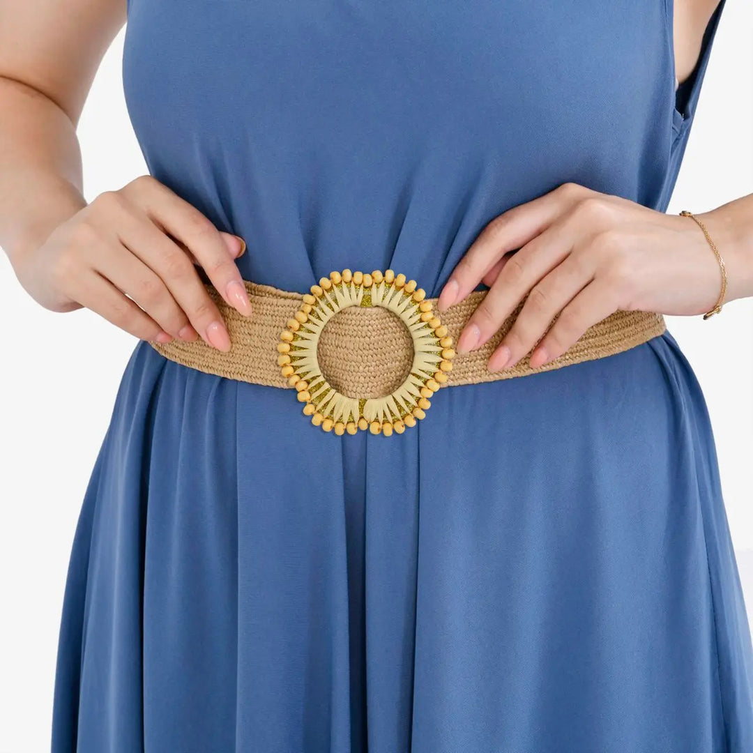 Mustard Raffia Round Buckle with Wooden Beads | 2.8 inches (7.2cm)