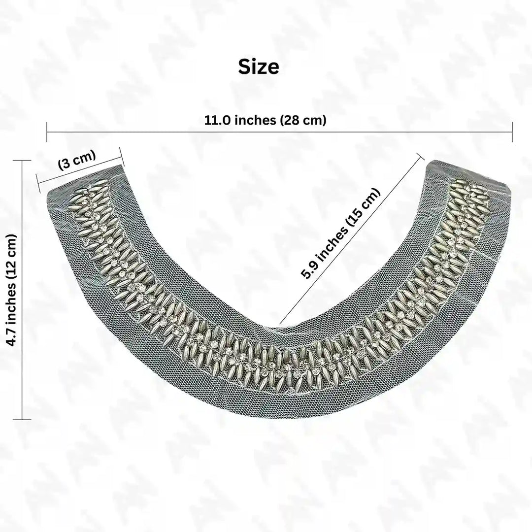 Textured Silver Beaded Trim on Mesh Neckline