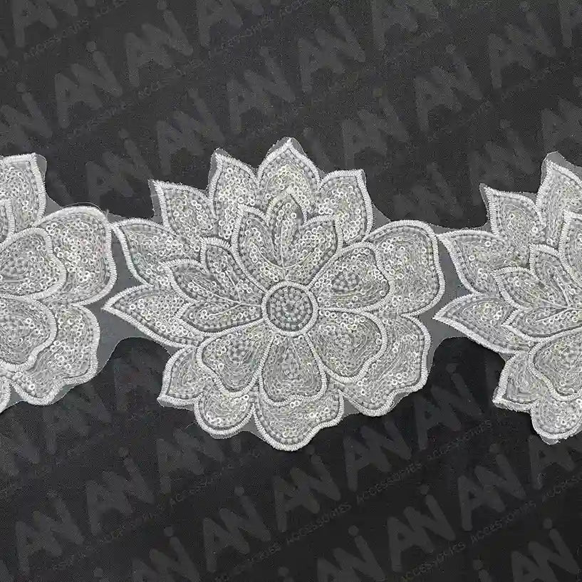Beaded cut work Lotus Lace Trim on net | 1 meter