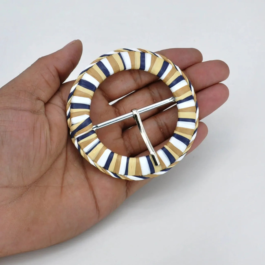Handwoven Straw Round Buckle with Metal Pin