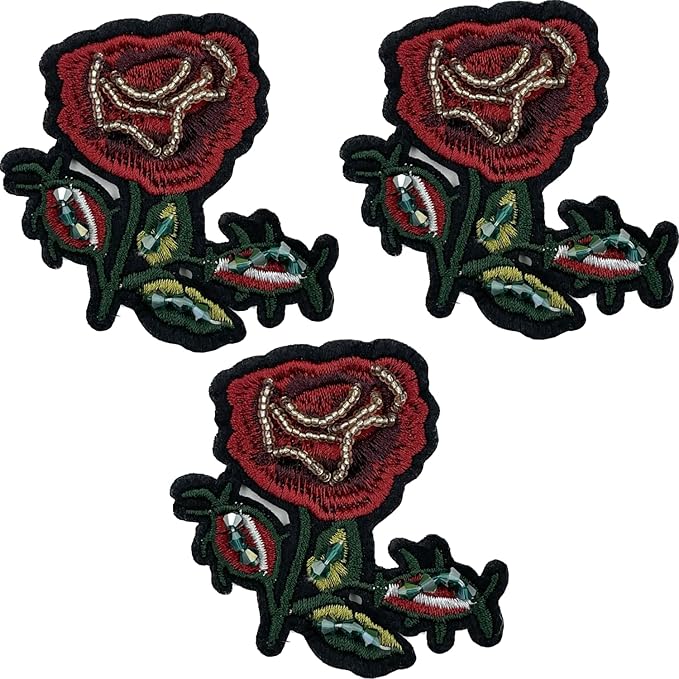 Beaded Red Rose Sew Patch