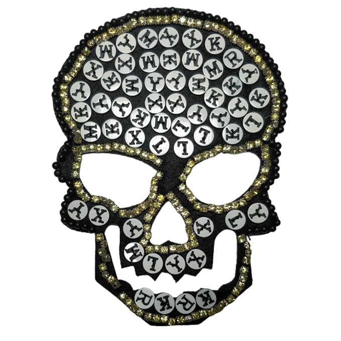 Handmade Black Pearl Rhinestone Crystal Beaded Skull Sew On Applique Patch for For Jacket Pants Bag Shirts Decor Art & Craft hand crafted with Alphabet Buttons glassbeads Stitched Patch