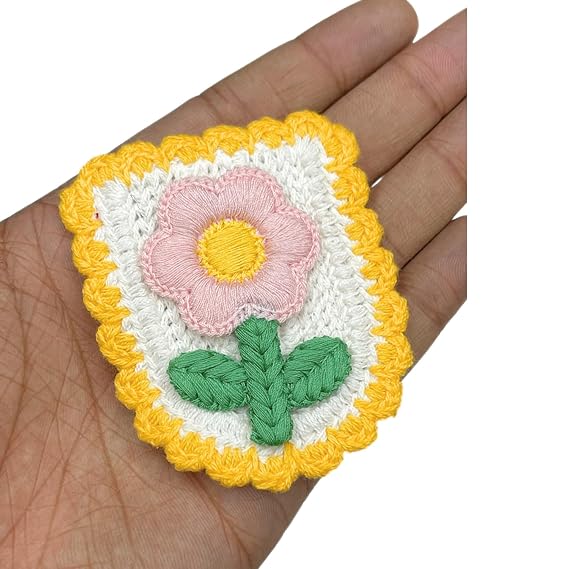 Pink Flower with Green Leaves Crochet Sew Patch With Shield