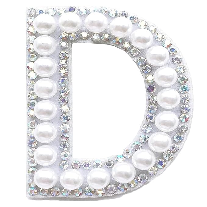 Letter D White Pearl Rhinestone Hot fix Or Sew Patch