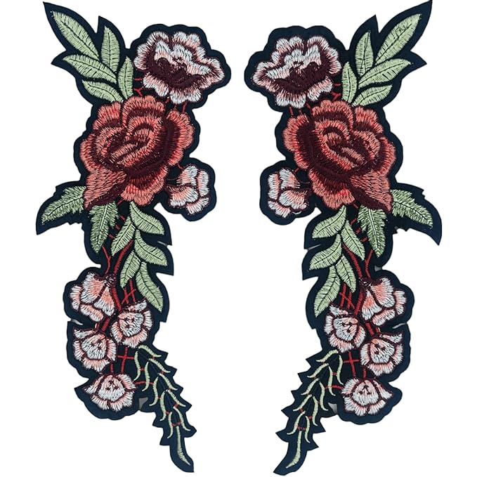 2 Piece Red Rose Flower Embroidered Heat-Transfer & Sew On Appliques Patch