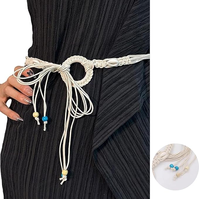 1 pcs Macrame Girls Casual Braided Ring Boho Style Rope Beads Shell Decoration & Ring Waist Cord Belt, Suitable For Travel Party