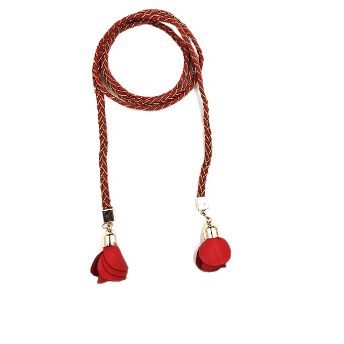 Women Suede Braided Waist Belt/Chain/Cord for Skiny Girls with PU Leather Rose Flowers (Red)