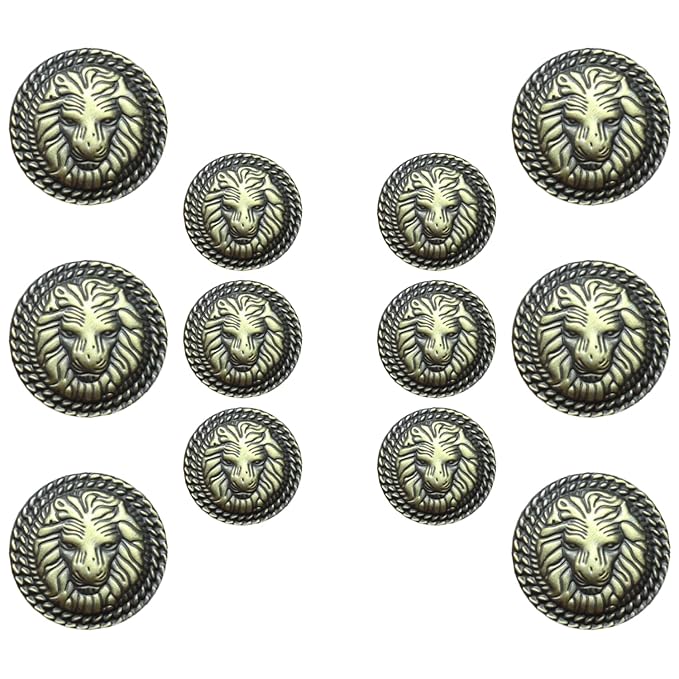 Ani Accessories 3D Lion Metal Shank Button for Jacket Blazer Suits DIY Art & Crafts (Pack of 12 (6 + 6), Antique Brass)