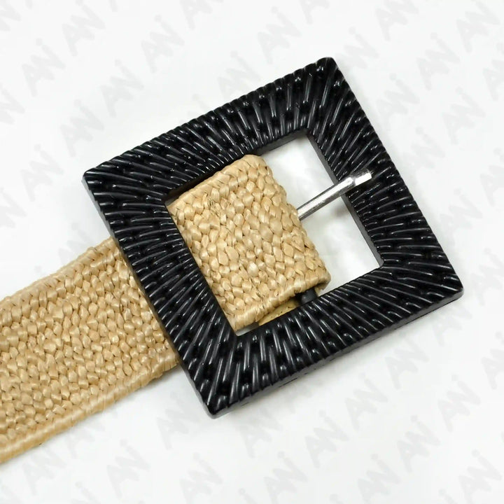 Square Black Textured Buckle Raffia Belt