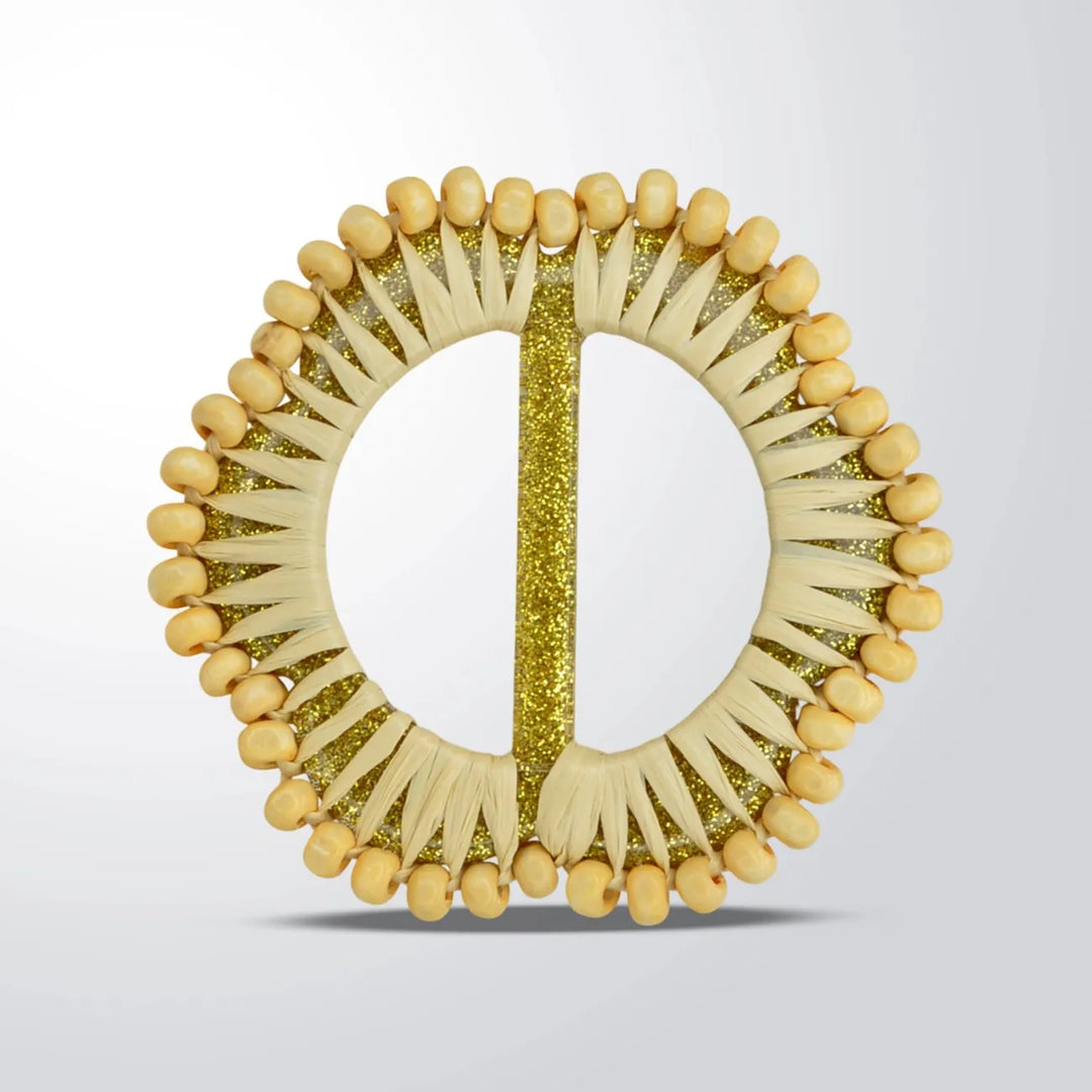 Mustard Raffia Round Buckle with Wooden Beads | 2.8 inches (7.2cm)