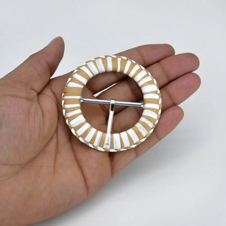 Handwoven Straw Round Buckle with Metal Pin