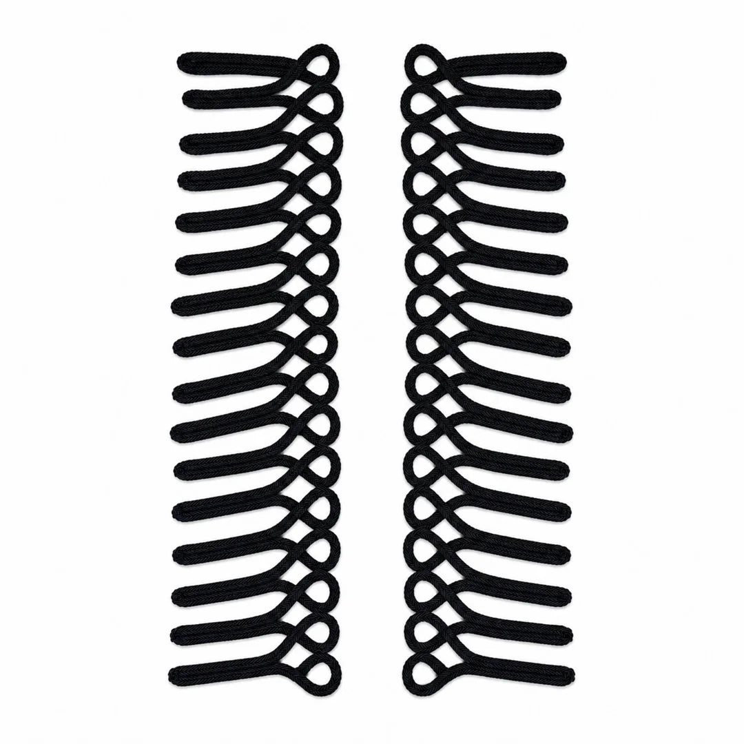 Black frog closure braid loop sew-on patch pair on white background