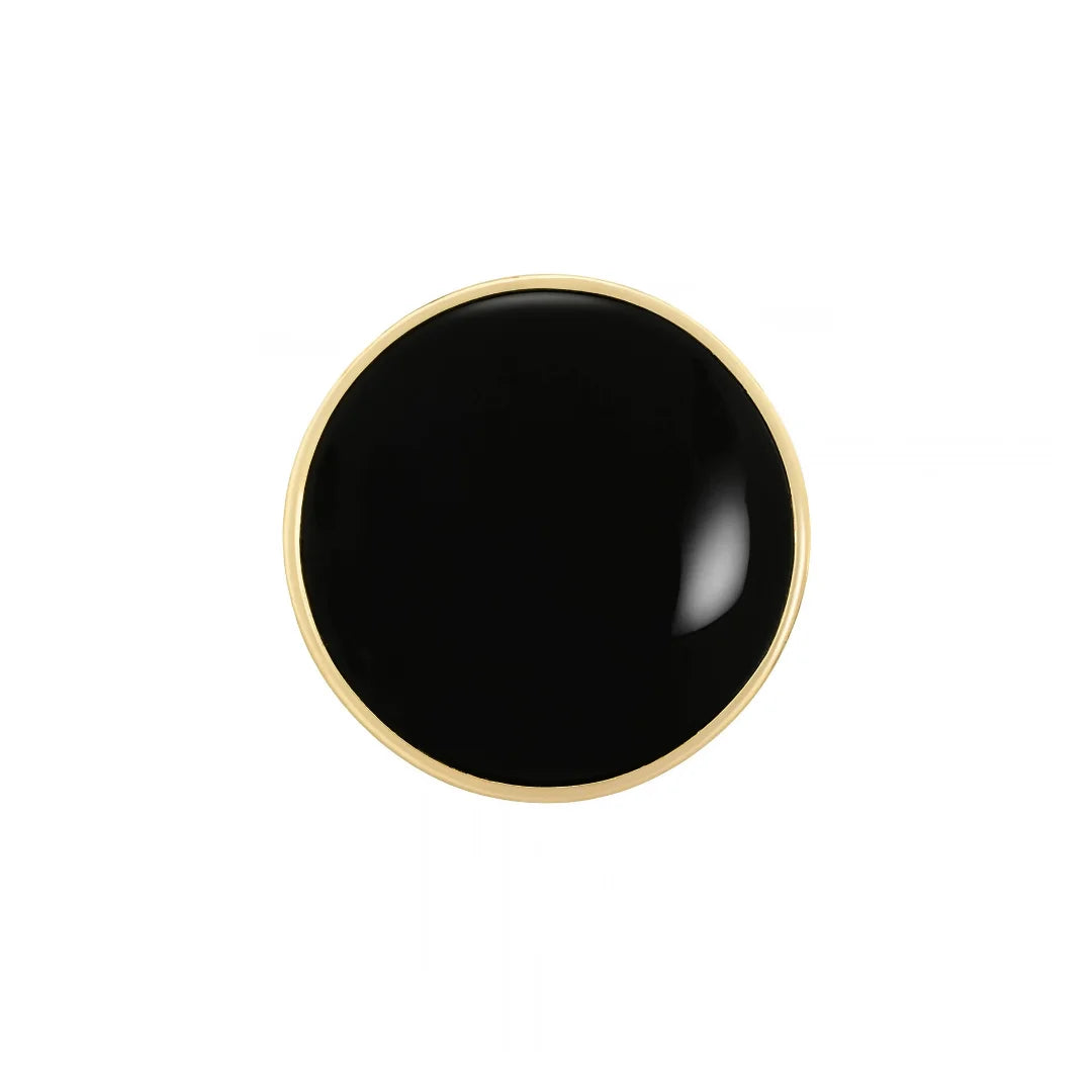Black resin gold rim metal button in [18]mm, front view on white background