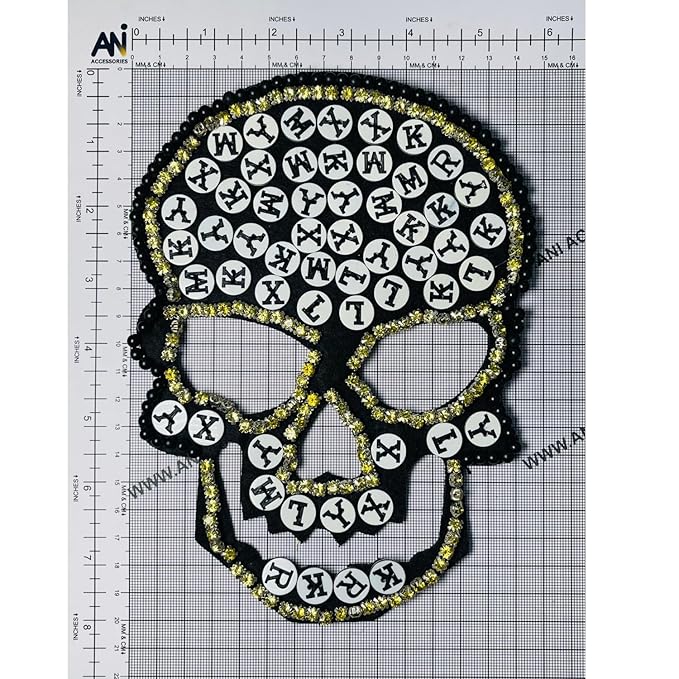 Handmade Black Pearl Rhinestone Crystal Beaded Skull Sew On Applique Patch for For Jacket Pants Bag Shirts Decor Art & Craft hand crafted with Alphabet Buttons glassbeads Stitched Patch