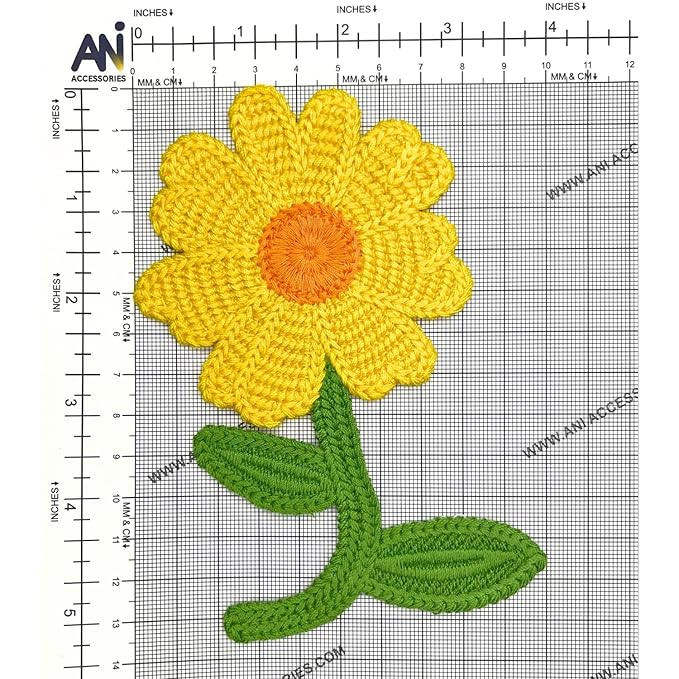 Crochet Sun Flower with Leaves Sew On Applique Patches