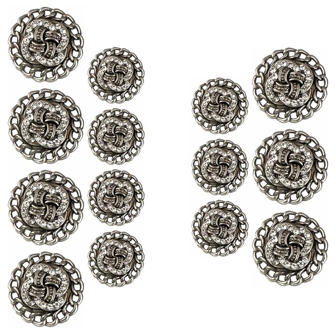 Circular Border Design with Diamond Accents Metal Buttons (8 Small + 6 Big)