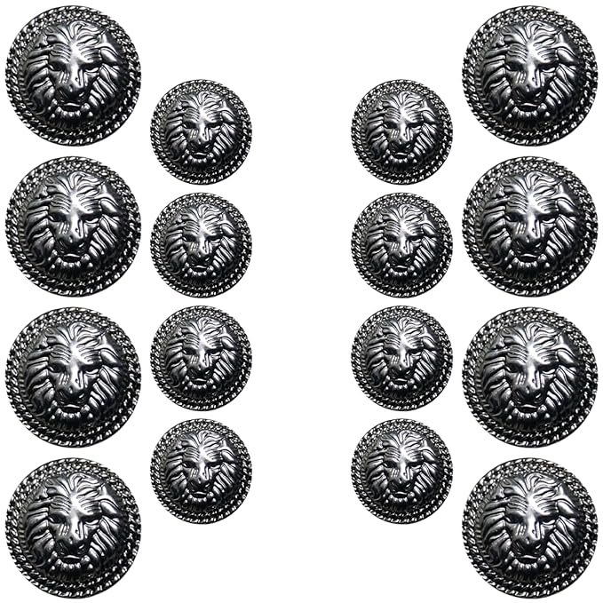 3D Lion Metal Shank Button for Jacket Blazer Suits DIY Art & Crafts (Pack of 16 (8 Small + 8 Big), Antique Brass)