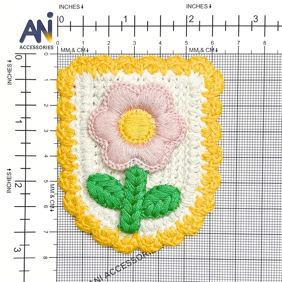 Pink Flower with Green Leaves Crochet Sew Patch With Shield