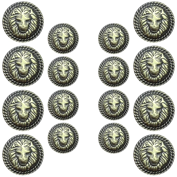 3D Lion Metal Shank Button for Jacket Blazer Suits DIY Art & Crafts (Pack of 16 (8 Small + 8 Big), Antique Brass)