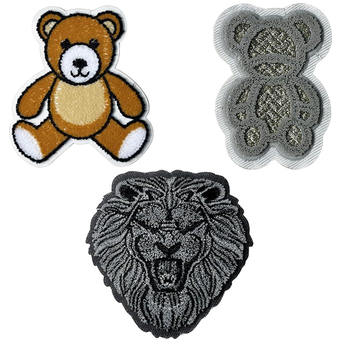 3D Fur Heat-Transfer Patch (Mr Bean Teddy + Lion + Silver Thread Teddy)