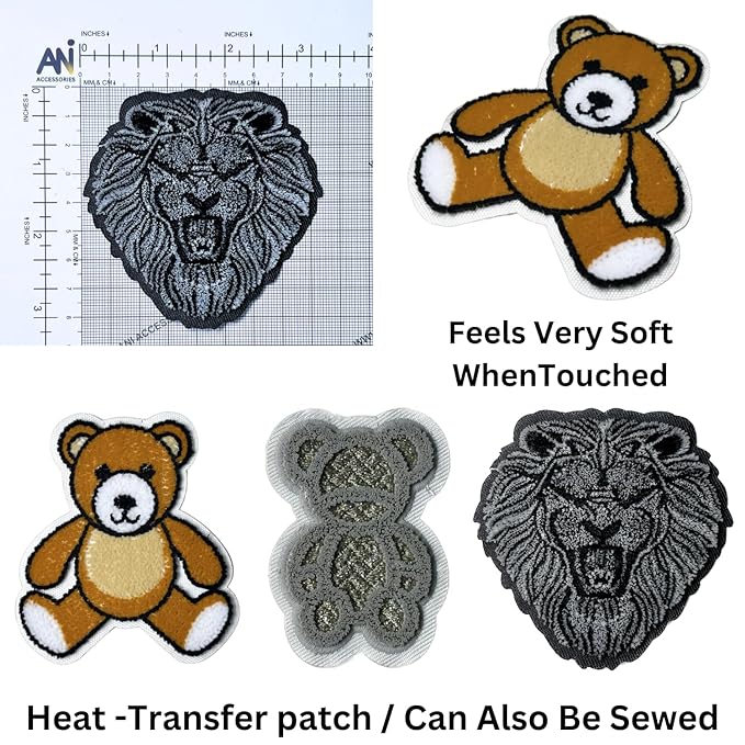 3D Fur Heat-Transfer Patch (Mr Bean Teddy + Lion + Silver Thread Teddy)