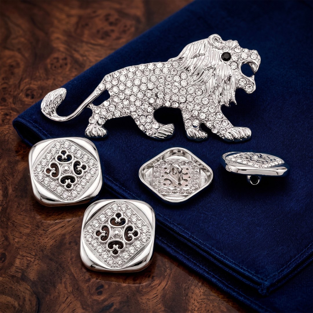 Silver Crystal Lion Brooch & Square Button Combo Pack