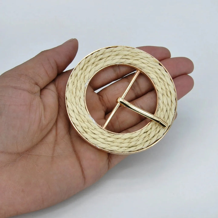 Handcrafted Round Natural Raffia Material Buckle | 3 inches (7.7cm)
