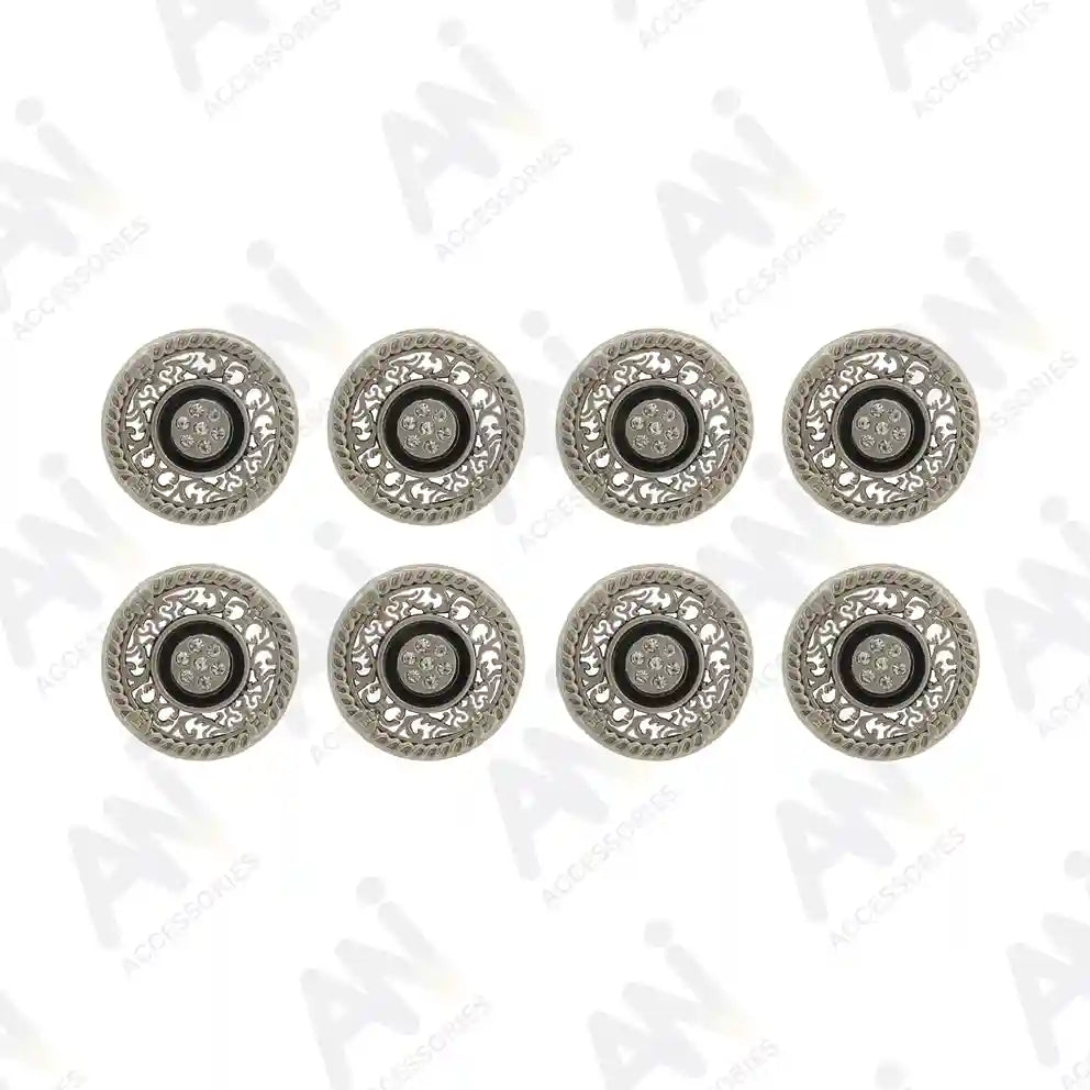 8 small decorative silver metal buttons with rhinestone accents by Ani Accessories, ideal for adding sparkle to clothing.