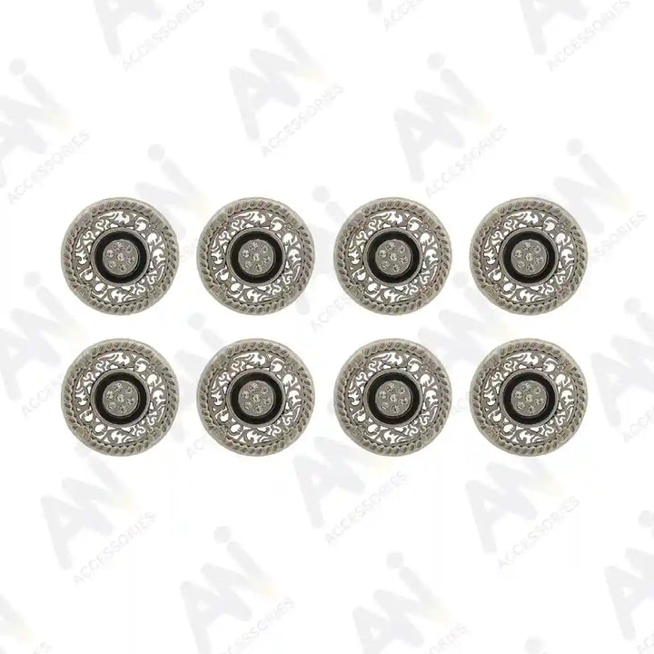 8 small decorative silver metal buttons with rhinestone accents by Ani Accessories, ideal for adding sparkle to clothing.