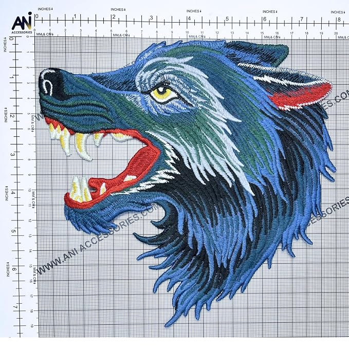 Big Blue Roaring Wolf Head Embroidered Iron On Sew On Applique Patch