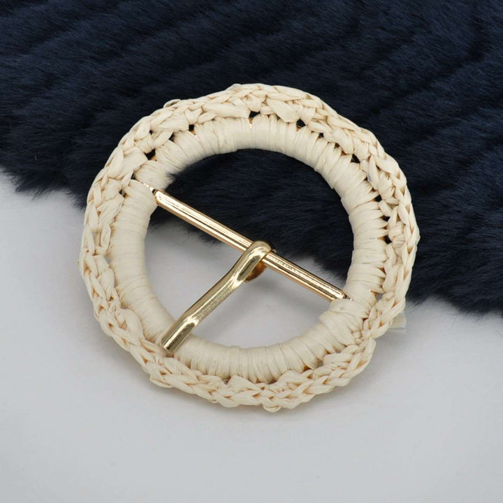 Handwoven Natural Straw Round Raffia Buckle