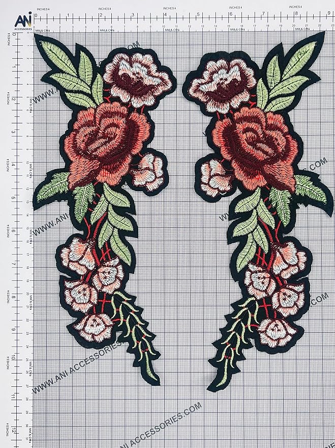 2 Piece Red Rose Flower Embroidered Heat-Transfer & Sew On Appliques Patch