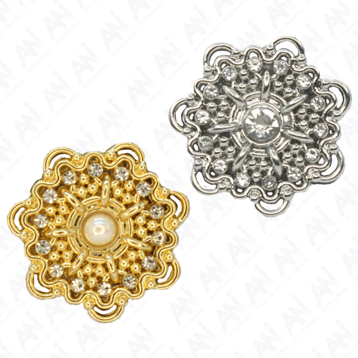 Gold Floral Metal Button with Diamond and Pearl Accents