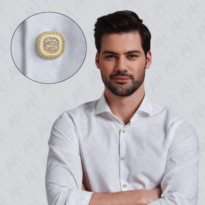 White Center Button with Gold and Diamond Accents