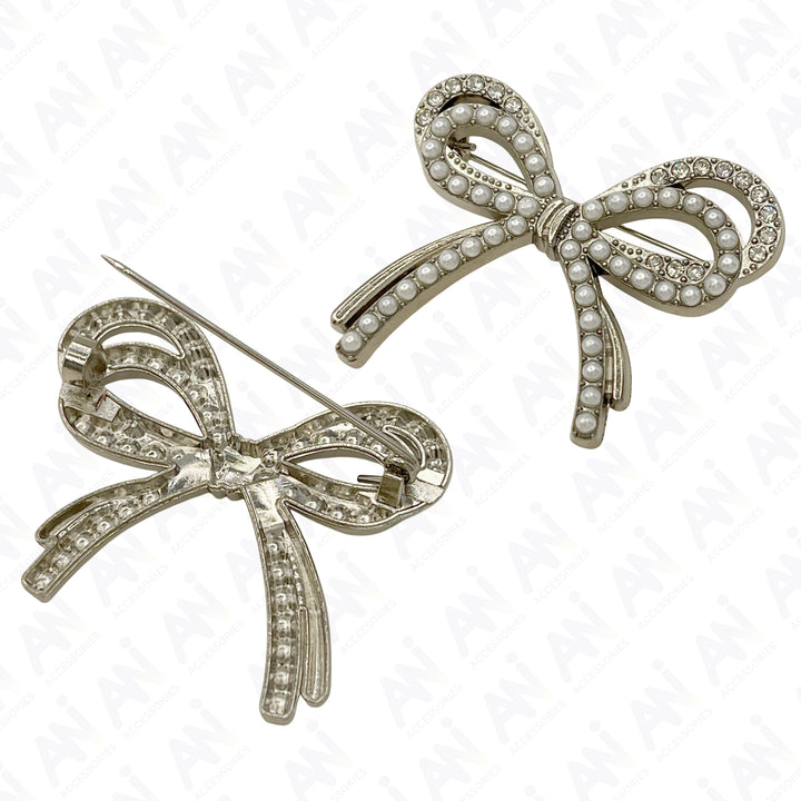 Bow Style Pearl Rhinestone Brooch