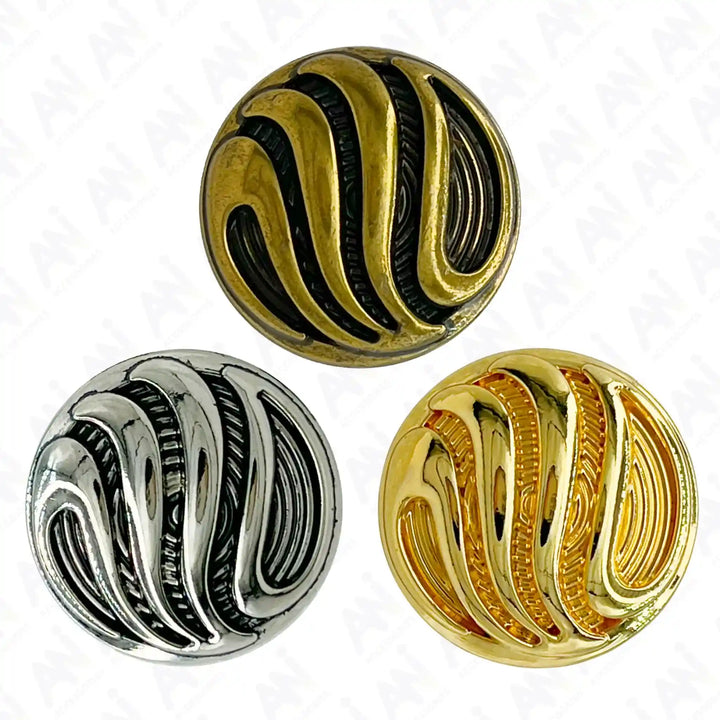 Ornate Metal Buttons with Wave Motif | 15mm, 18mm & 23mm