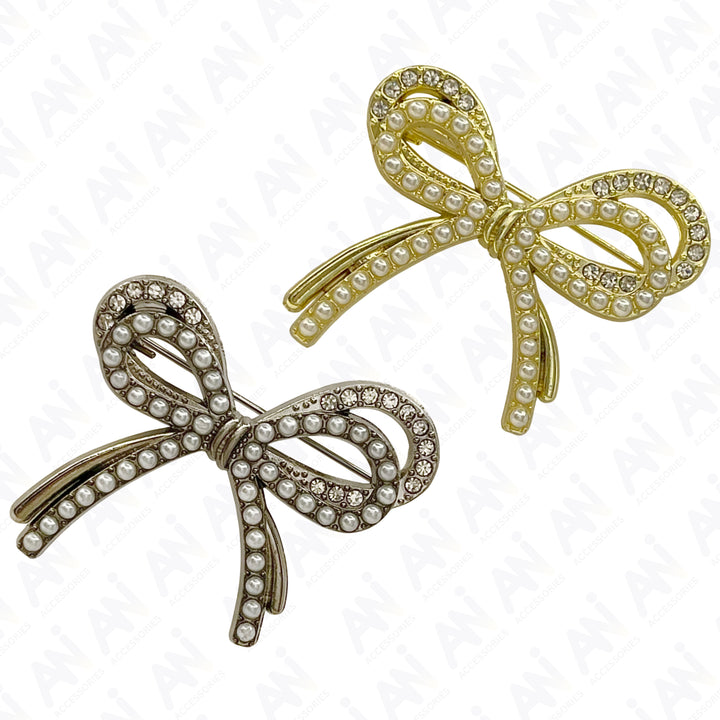 Bow Style Pearl Rhinestone Brooch