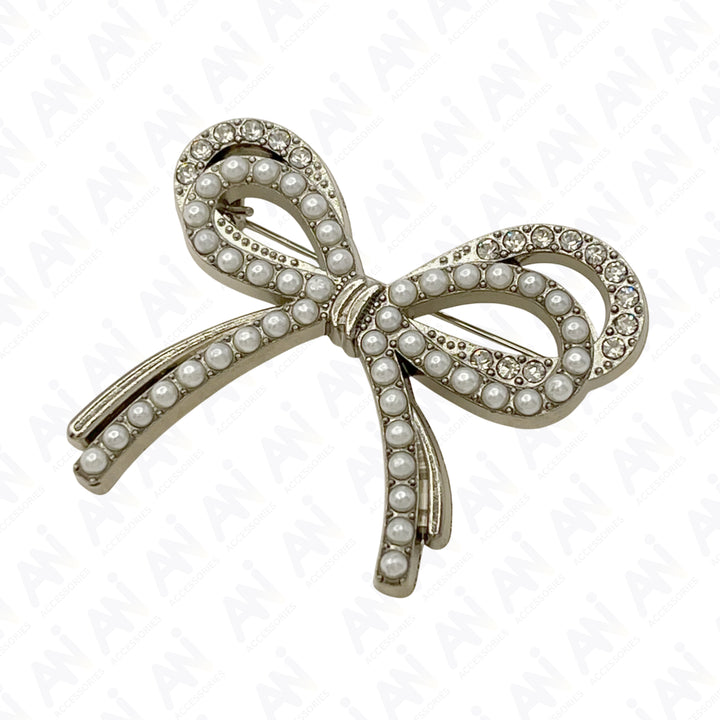 Bow Style Pearl Rhinestone Brooch