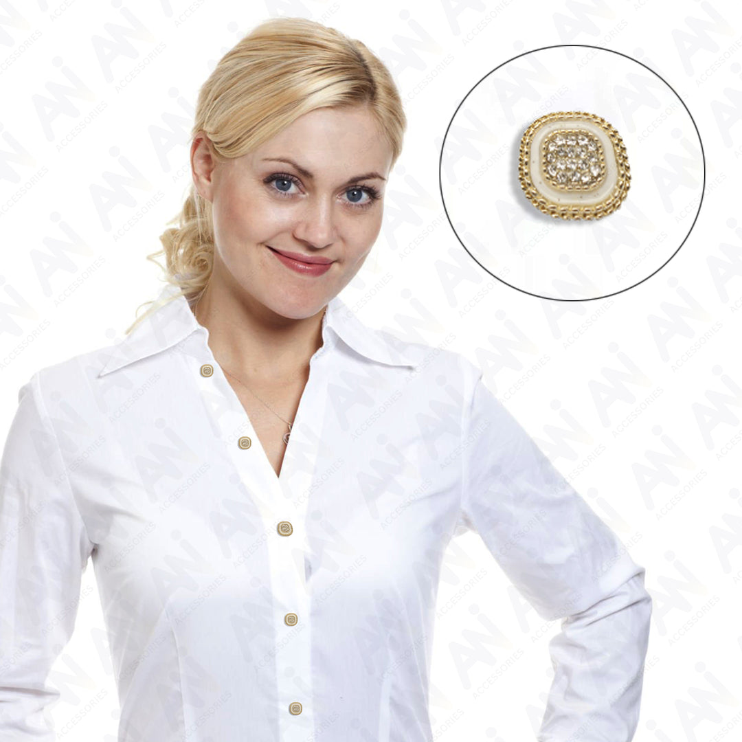 White Center Button with Gold and Diamond Accents